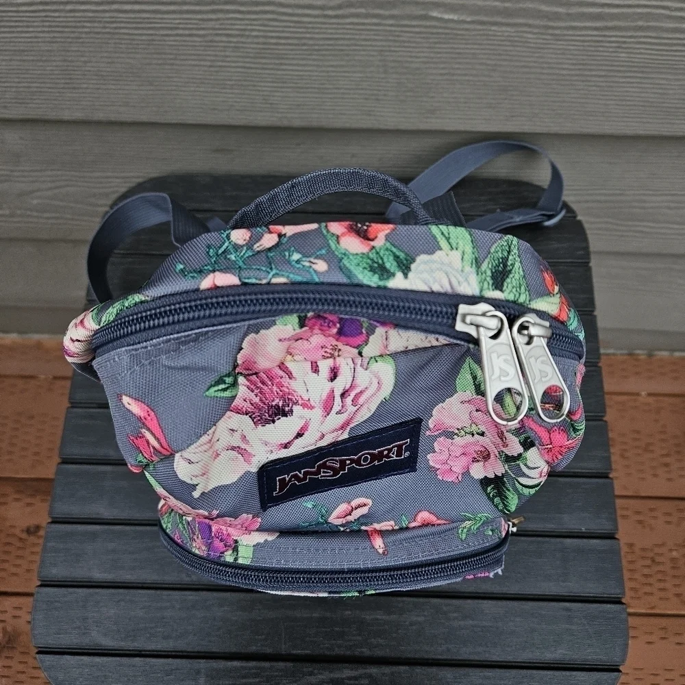 Jansport Backpack Half Pint Mini Bag Backpack Floral Print Gray Pink Purse CLEAN